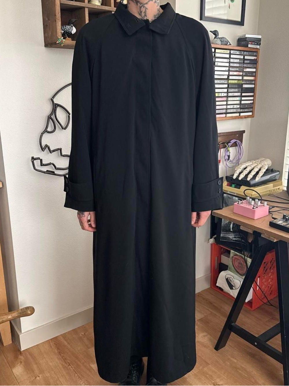 Vintage 90s 2000s Hilary Radley Black Duster Trench Coat Wool Lined ~ Size M